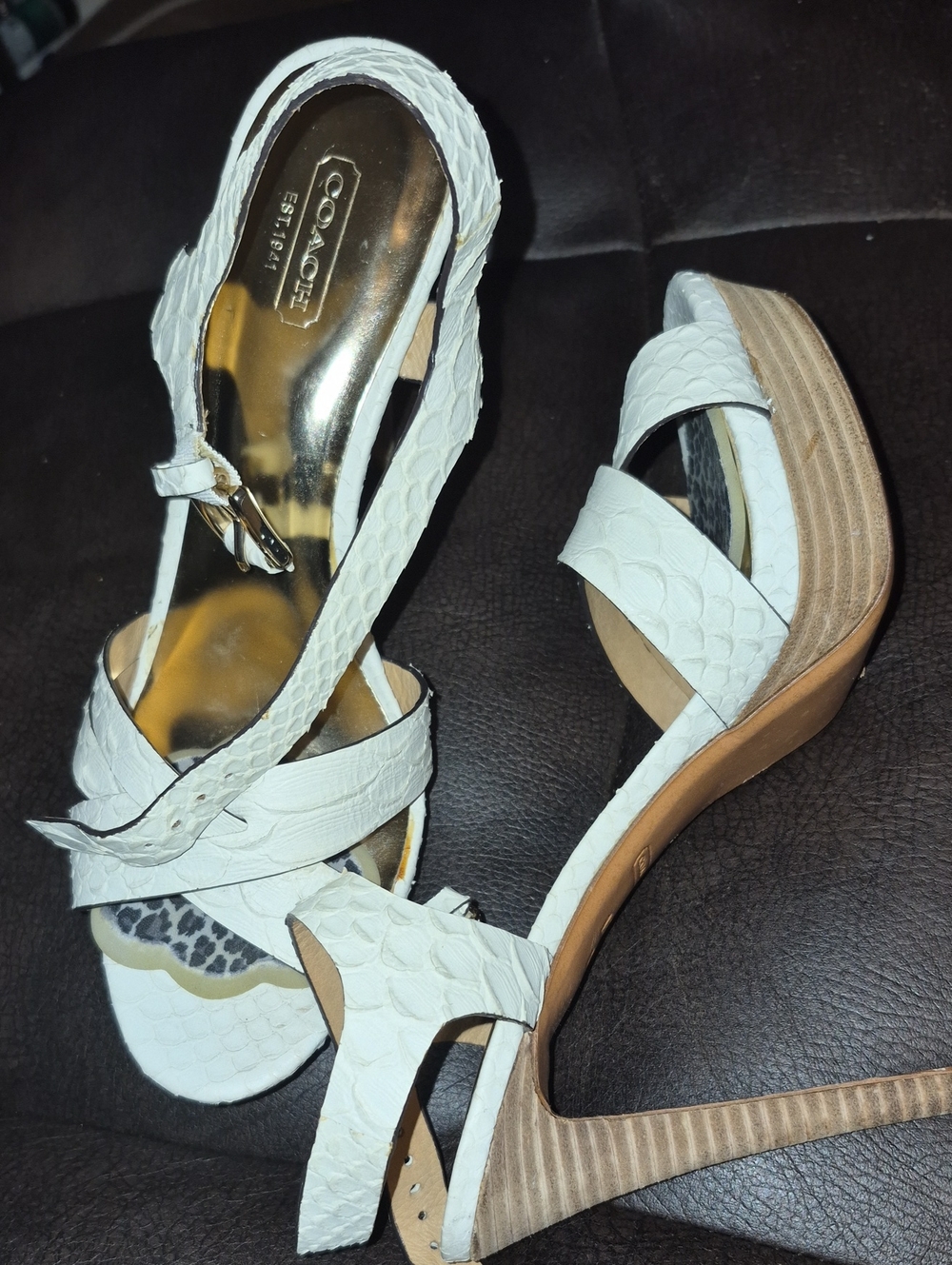 Coach Beige Textured Leather Platform Heels Size 9.5